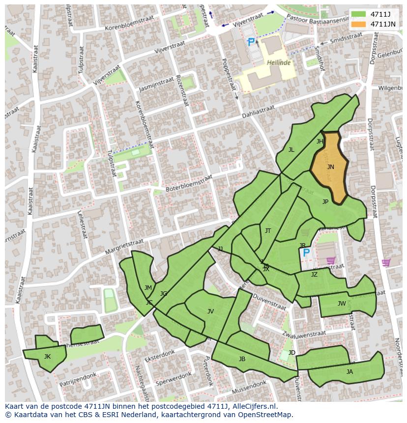 Afbeelding van het postcodegebied 4711 JN op de kaart.