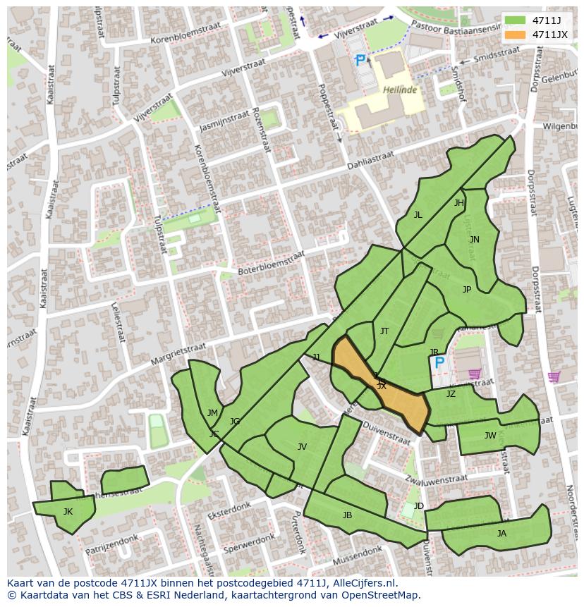 Afbeelding van het postcodegebied 4711 JX op de kaart.