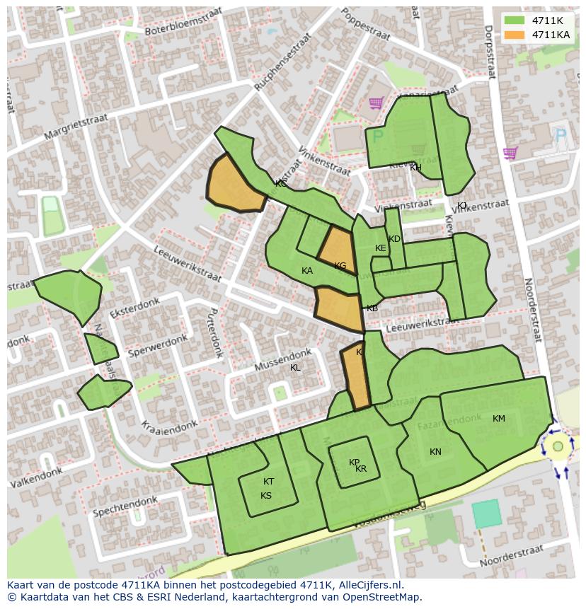 Afbeelding van het postcodegebied 4711 KA op de kaart.
