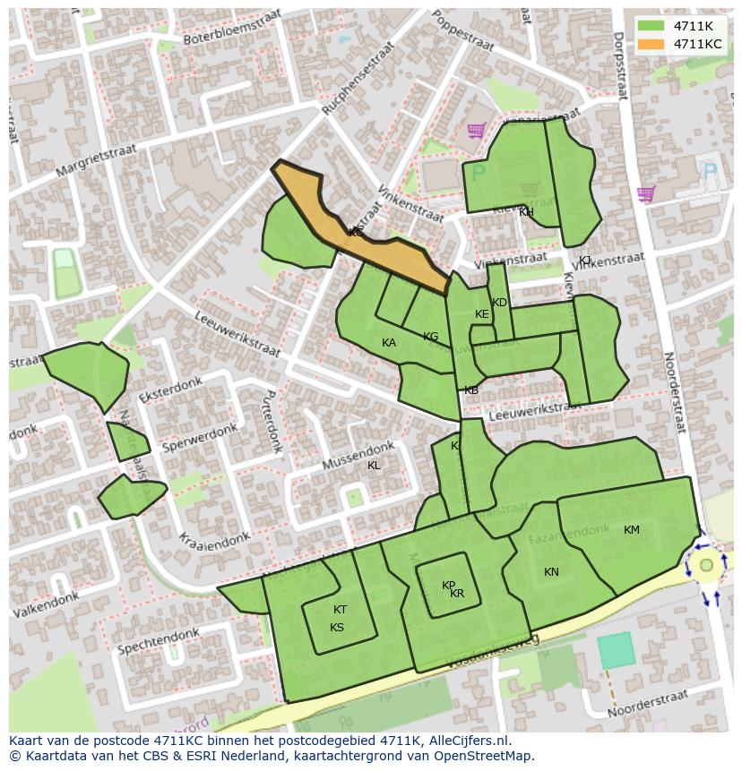 Afbeelding van het postcodegebied 4711 KC op de kaart.