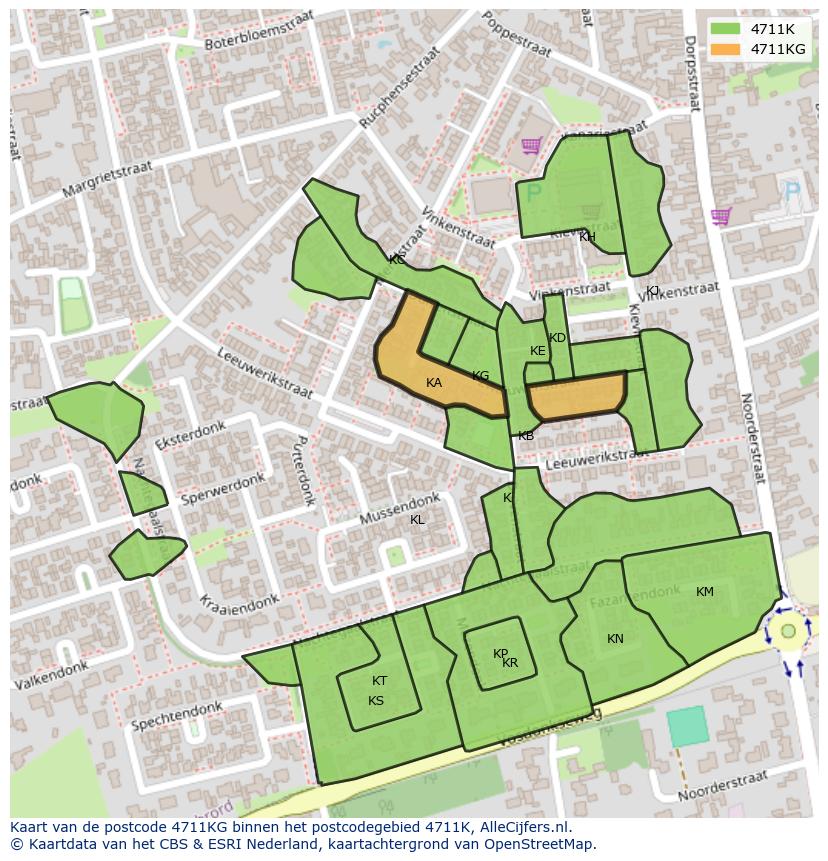 Afbeelding van het postcodegebied 4711 KG op de kaart.