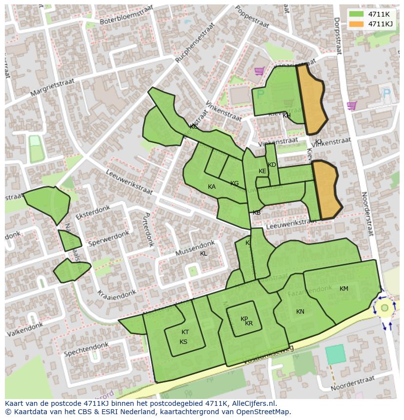 Afbeelding van het postcodegebied 4711 KJ op de kaart.