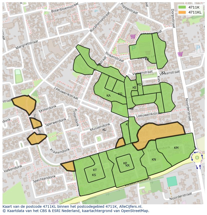 Afbeelding van het postcodegebied 4711 KL op de kaart.