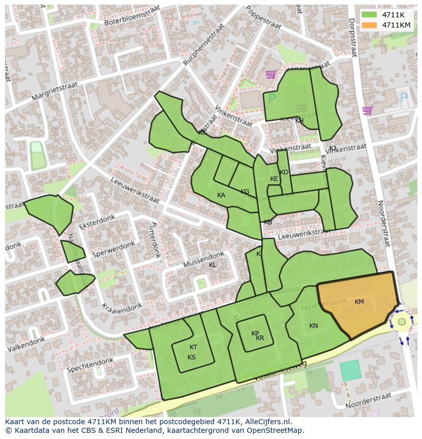 Afbeelding van het postcodegebied 4711 KM op de kaart.