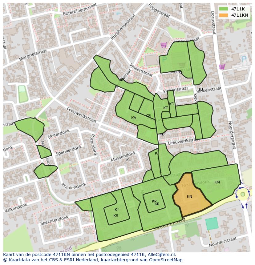 Afbeelding van het postcodegebied 4711 KN op de kaart.