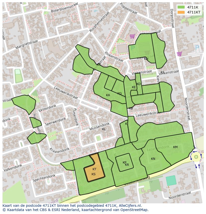 Afbeelding van het postcodegebied 4711 KT op de kaart.