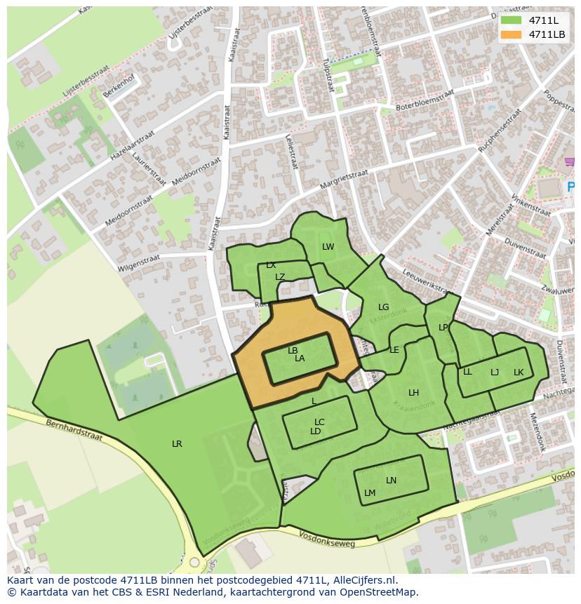 Afbeelding van het postcodegebied 4711 LB op de kaart.