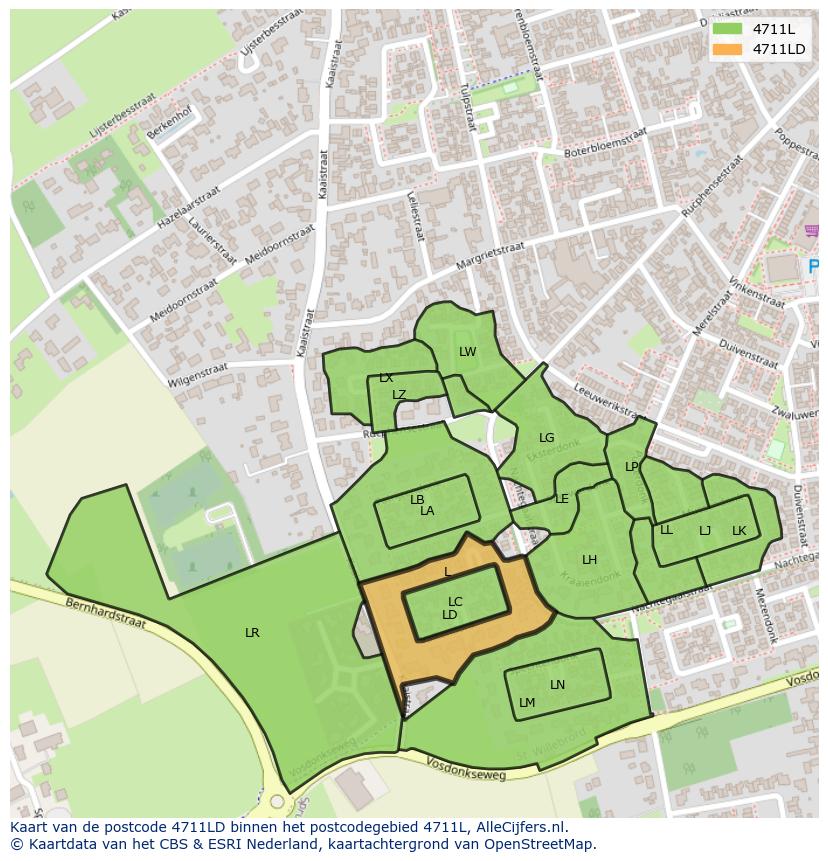 Afbeelding van het postcodegebied 4711 LD op de kaart.