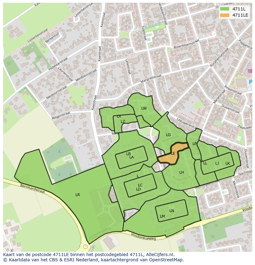Afbeelding van het postcodegebied 4711 LE op de kaart.