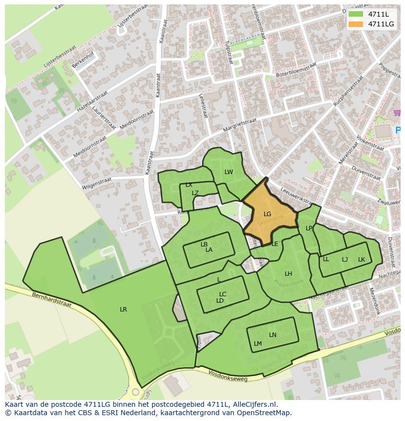 Afbeelding van het postcodegebied 4711 LG op de kaart.