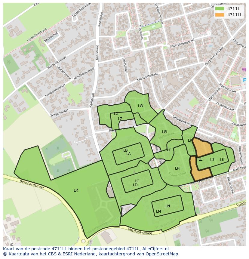 Afbeelding van het postcodegebied 4711 LL op de kaart.