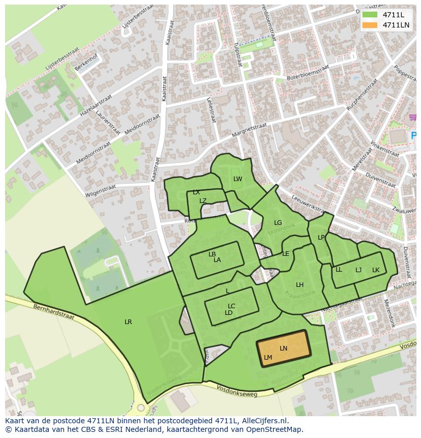 Afbeelding van het postcodegebied 4711 LN op de kaart.