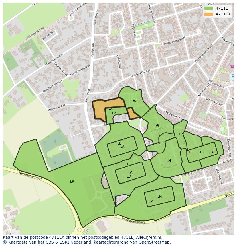 Afbeelding van het postcodegebied 4711 LX op de kaart.