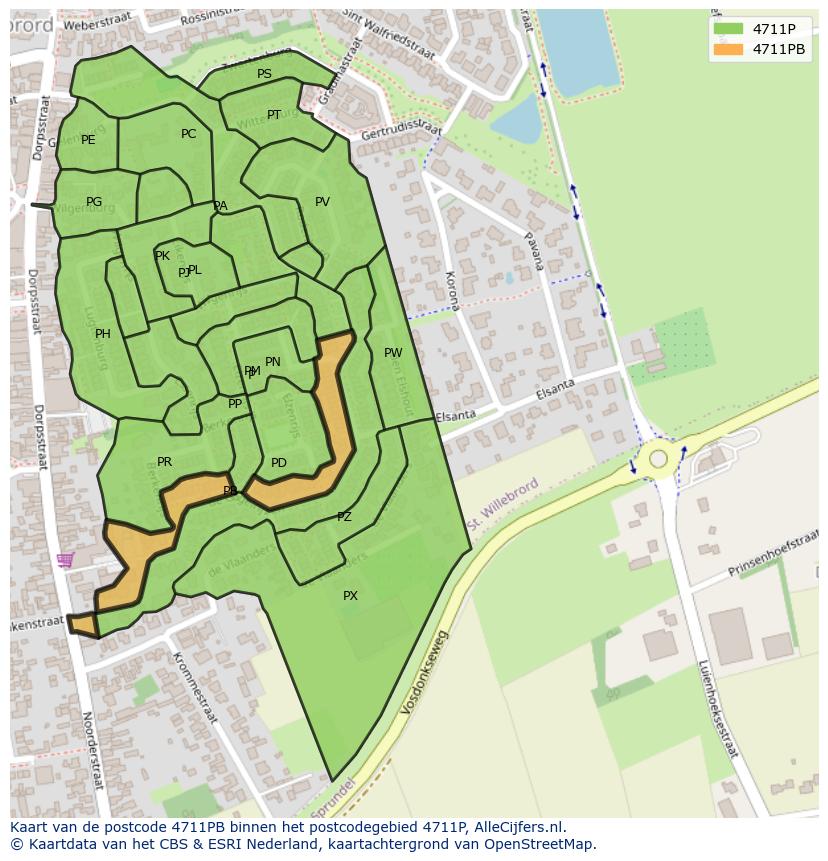 Afbeelding van het postcodegebied 4711 PB op de kaart.