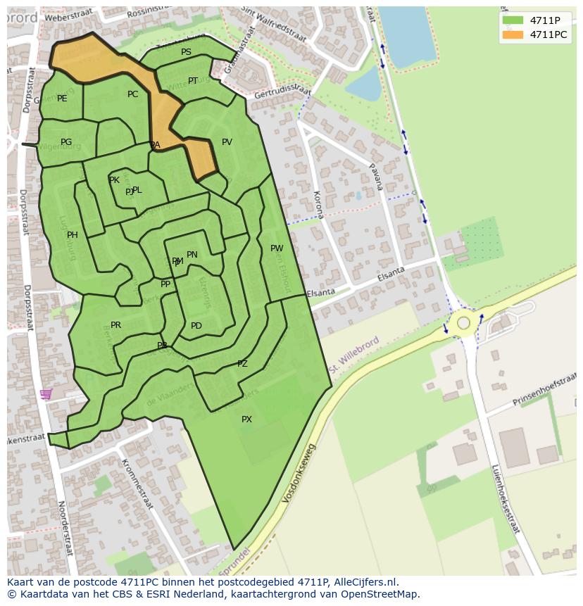 Afbeelding van het postcodegebied 4711 PC op de kaart.
