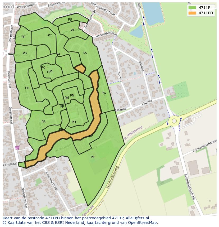Afbeelding van het postcodegebied 4711 PD op de kaart.