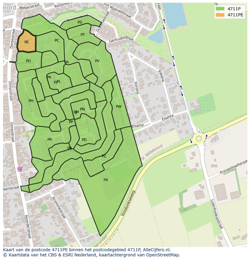 Afbeelding van het postcodegebied 4711 PE op de kaart.