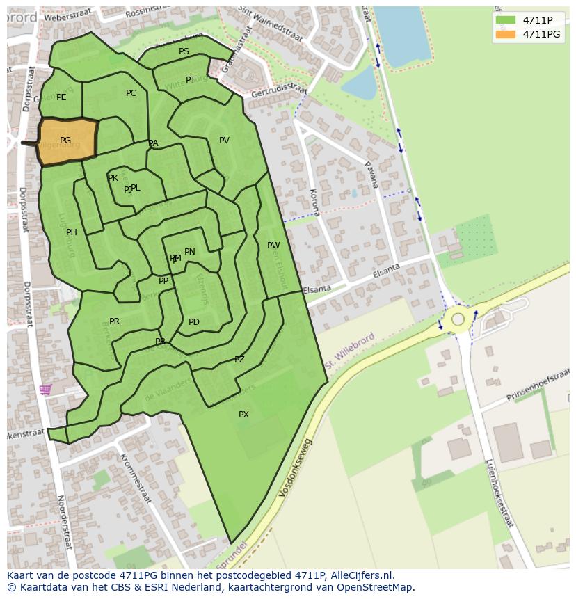 Afbeelding van het postcodegebied 4711 PG op de kaart.