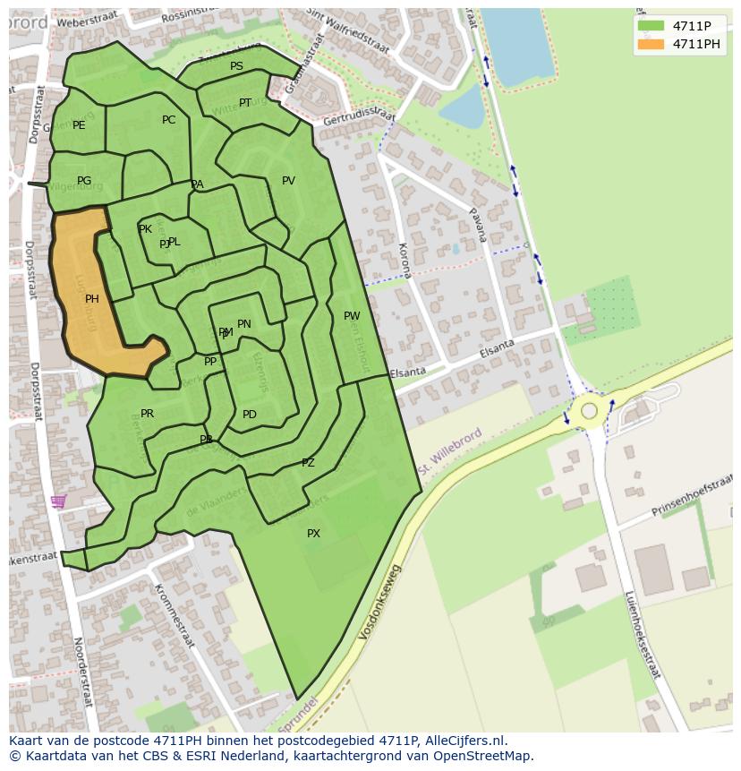 Afbeelding van het postcodegebied 4711 PH op de kaart.