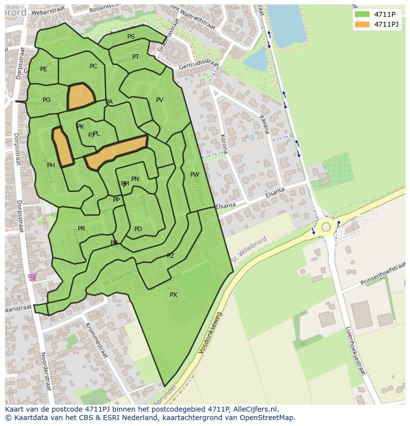 Afbeelding van het postcodegebied 4711 PJ op de kaart.