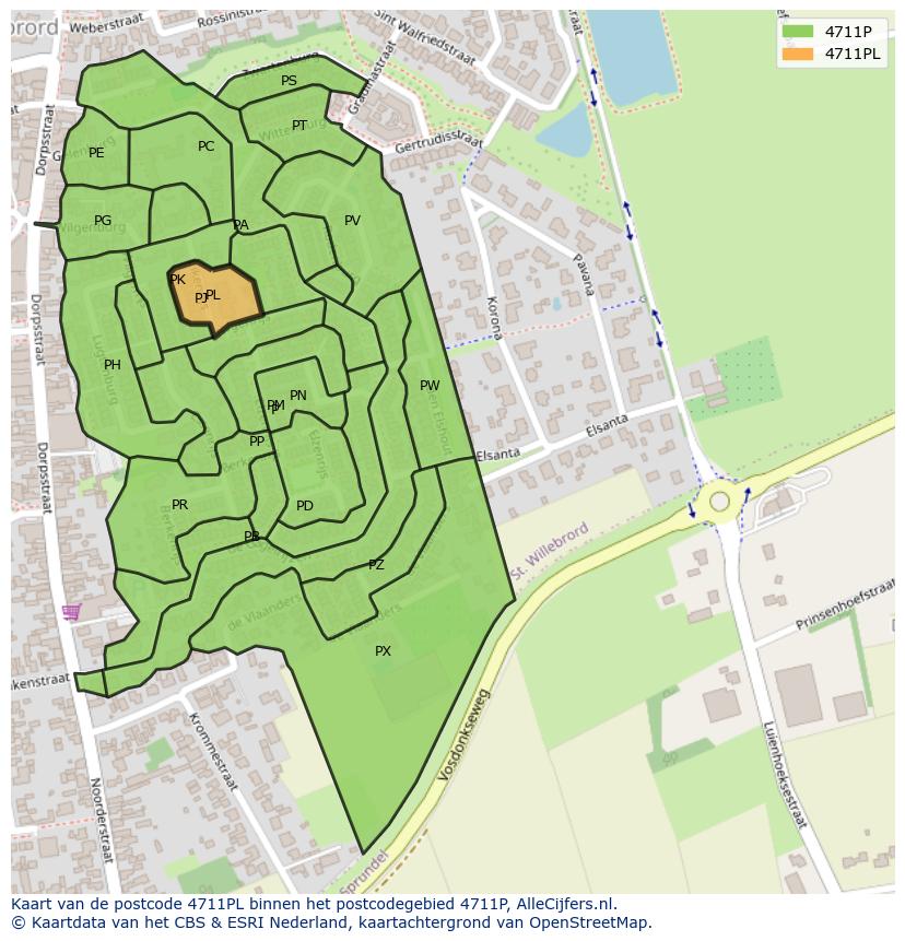 Afbeelding van het postcodegebied 4711 PL op de kaart.