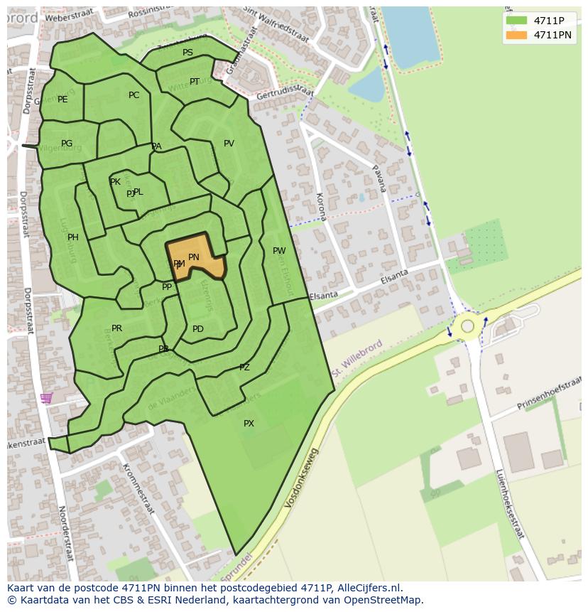Afbeelding van het postcodegebied 4711 PN op de kaart.