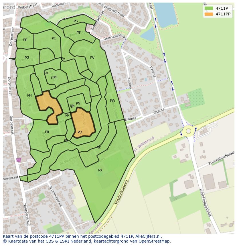 Afbeelding van het postcodegebied 4711 PP op de kaart.