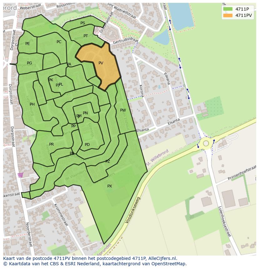 Afbeelding van het postcodegebied 4711 PV op de kaart.