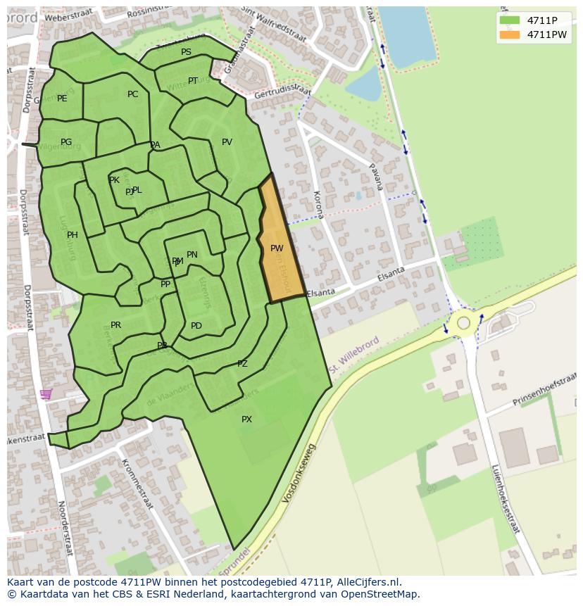 Afbeelding van het postcodegebied 4711 PW op de kaart.
