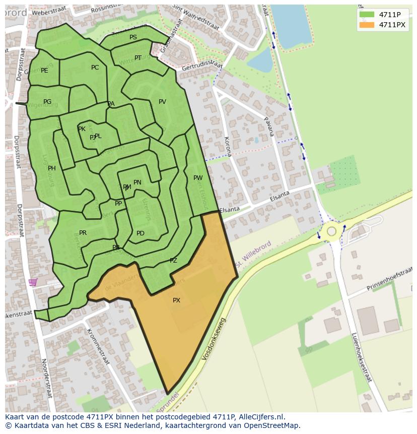 Afbeelding van het postcodegebied 4711 PX op de kaart.