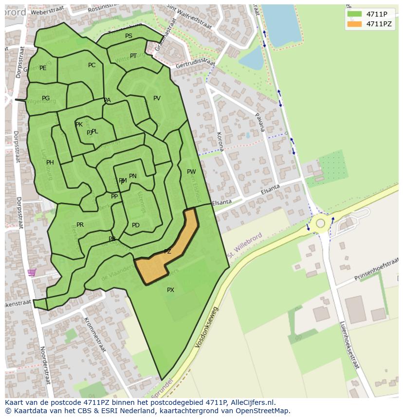 Afbeelding van het postcodegebied 4711 PZ op de kaart.