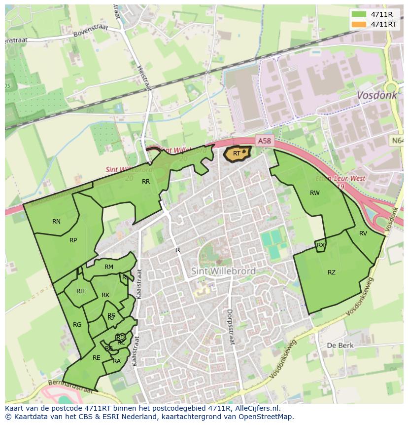 Afbeelding van het postcodegebied 4711 RT op de kaart.