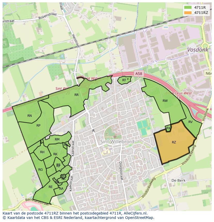 Afbeelding van het postcodegebied 4711 RZ op de kaart.