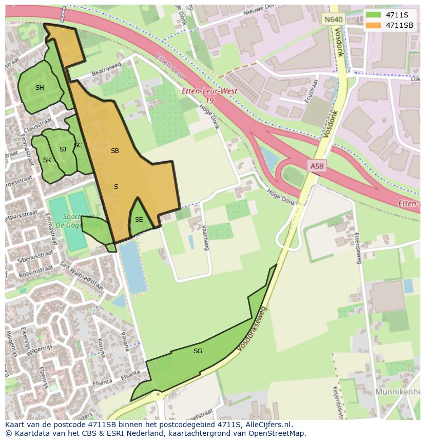 Afbeelding van het postcodegebied 4711 SB op de kaart.