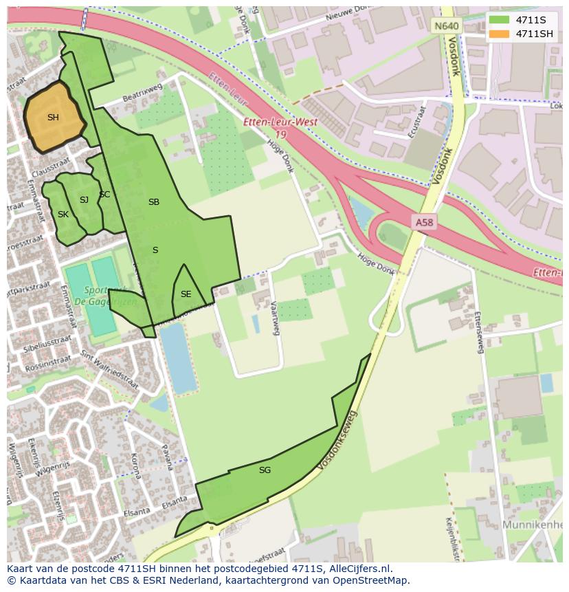 Afbeelding van het postcodegebied 4711 SH op de kaart.