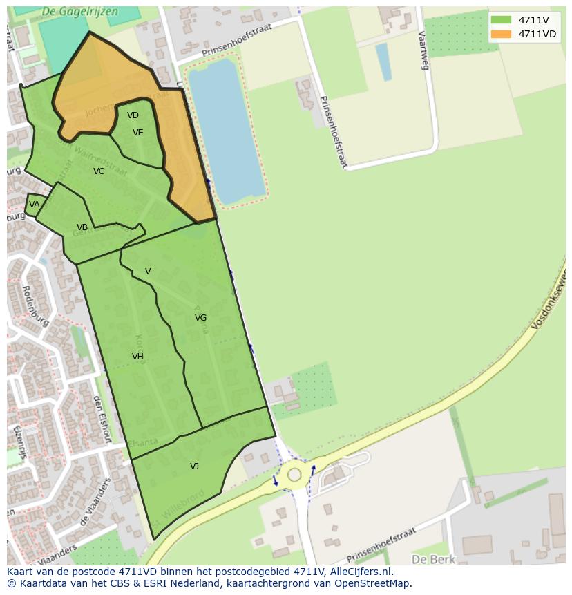 Afbeelding van het postcodegebied 4711 VD op de kaart.