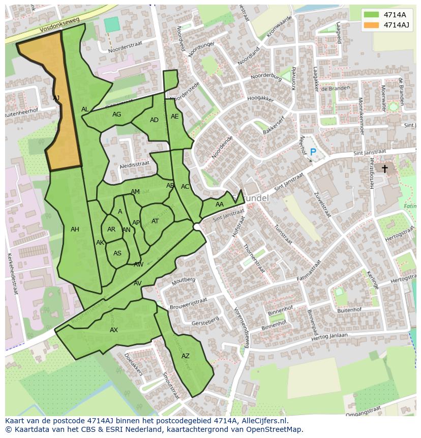 Afbeelding van het postcodegebied 4714 AJ op de kaart.
