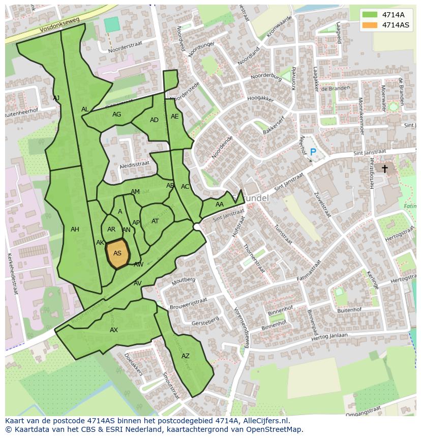 Afbeelding van het postcodegebied 4714 AS op de kaart.