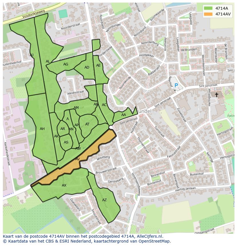 Afbeelding van het postcodegebied 4714 AV op de kaart.
