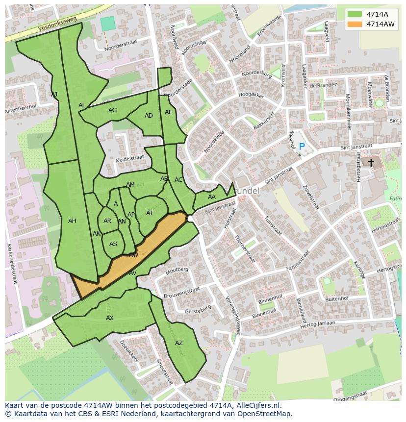 Afbeelding van het postcodegebied 4714 AW op de kaart.