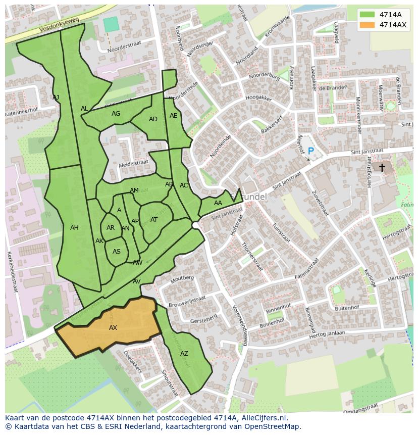 Afbeelding van het postcodegebied 4714 AX op de kaart.