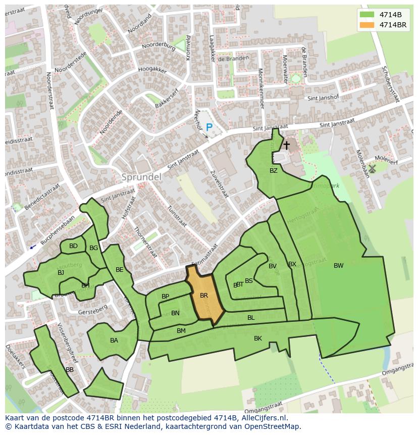 Afbeelding van het postcodegebied 4714 BR op de kaart.