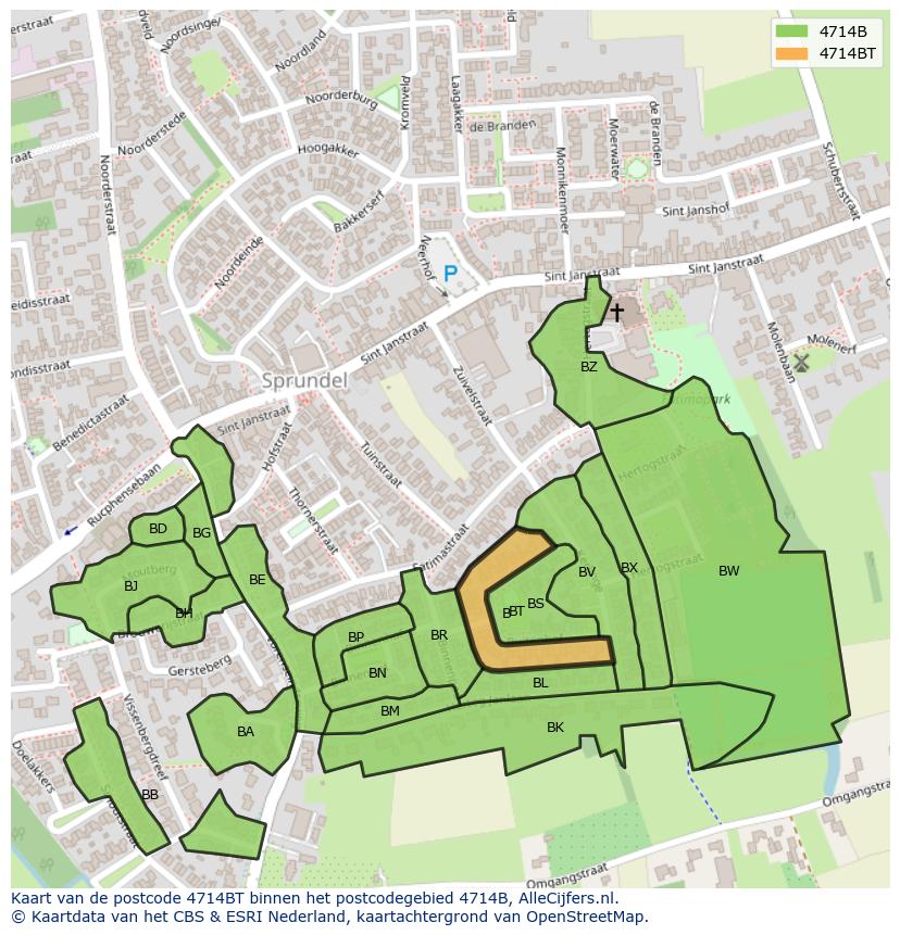 Afbeelding van het postcodegebied 4714 BT op de kaart.