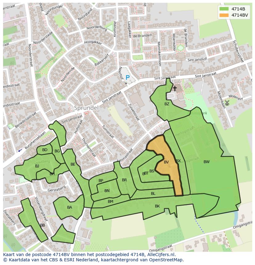 Afbeelding van het postcodegebied 4714 BV op de kaart.