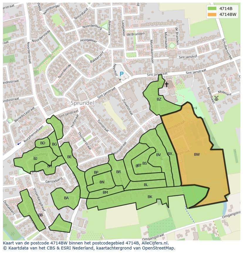 Afbeelding van het postcodegebied 4714 BW op de kaart.
