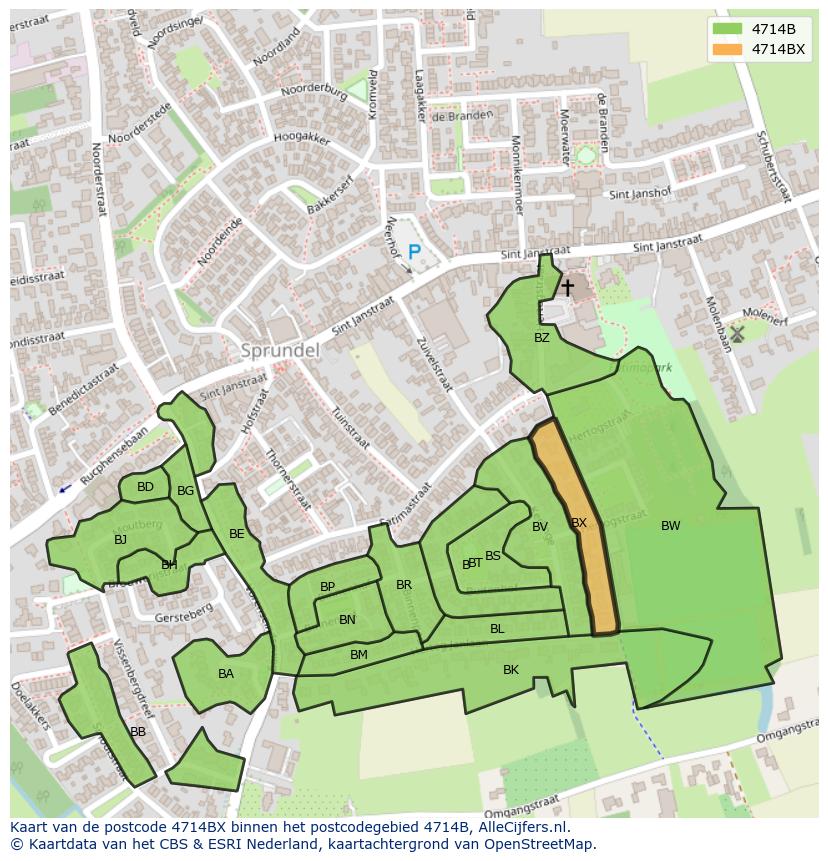Afbeelding van het postcodegebied 4714 BX op de kaart.
