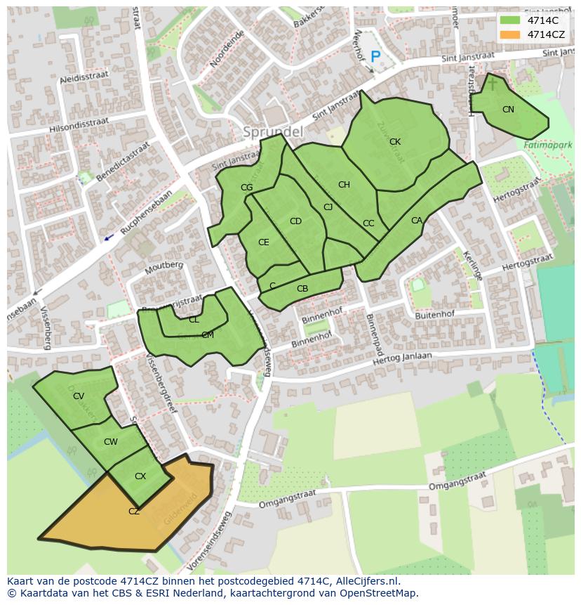 Afbeelding van het postcodegebied 4714 CZ op de kaart.
