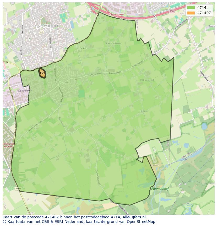 Afbeelding van het postcodegebied 4714 PZ op de kaart.