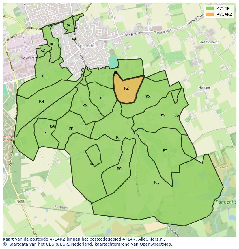 Afbeelding van het postcodegebied 4714 RZ op de kaart.