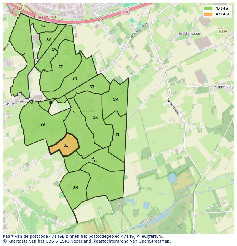 Afbeelding van het postcodegebied 4714 SE op de kaart.
